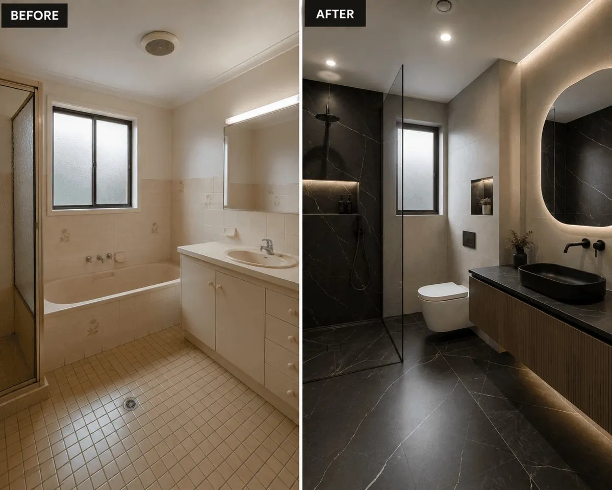 Before and after bathroom renovation in Sydney, from an old beige bathroom to a dark tiled bathroom with a backlit mirror