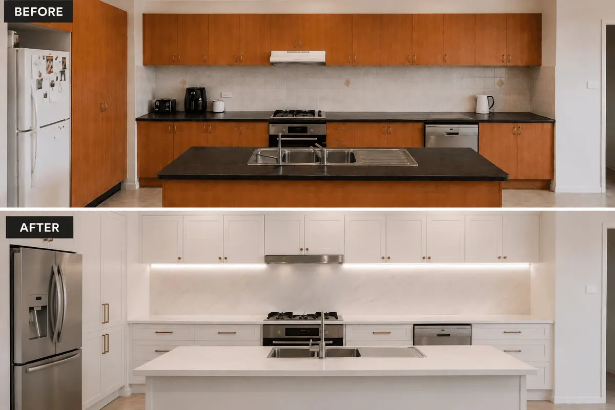 Before and after kitchen renovation in Sydney, from dated timber cabinets to a bright white kitchen with an island bench