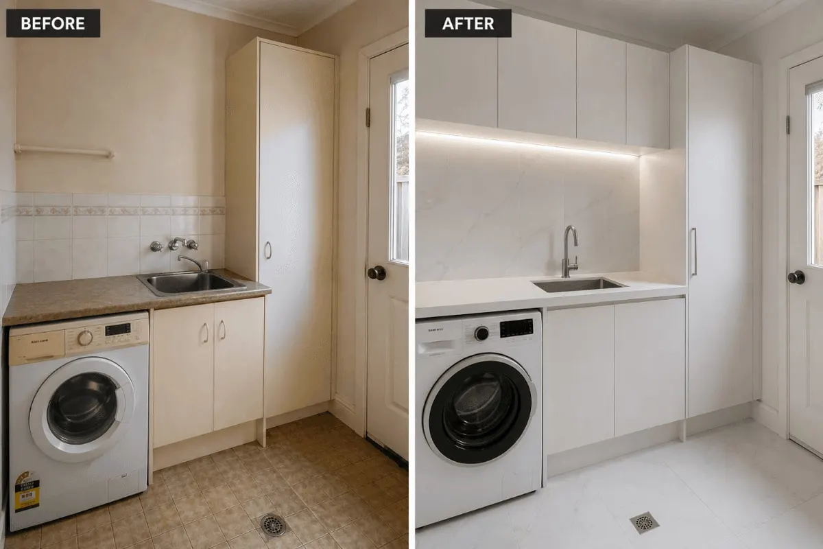 Before and after laundry renovation in Sydney, from a bare laundry to custom cabinetry with a stone benchtop